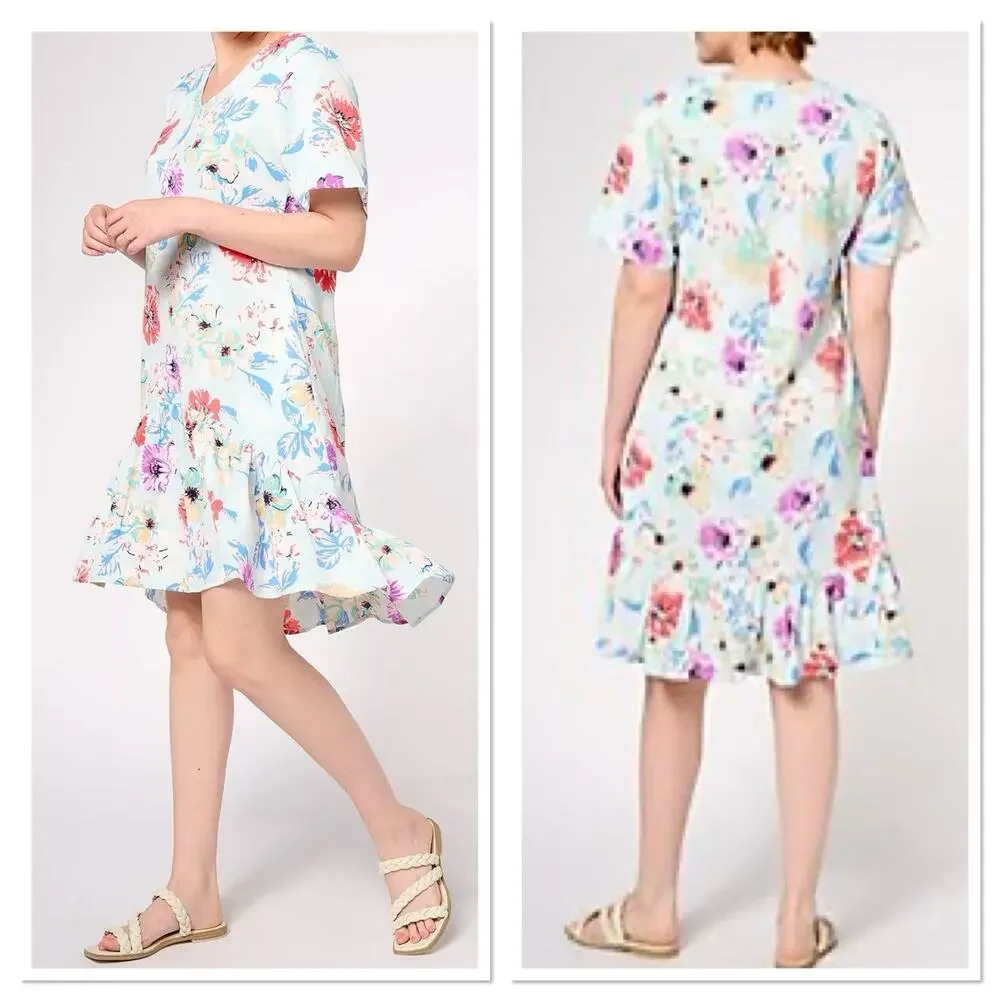 New Tolani Iggy‎ Floral Dress Pleated Ruffle Babydoll V Neck Womens Size L